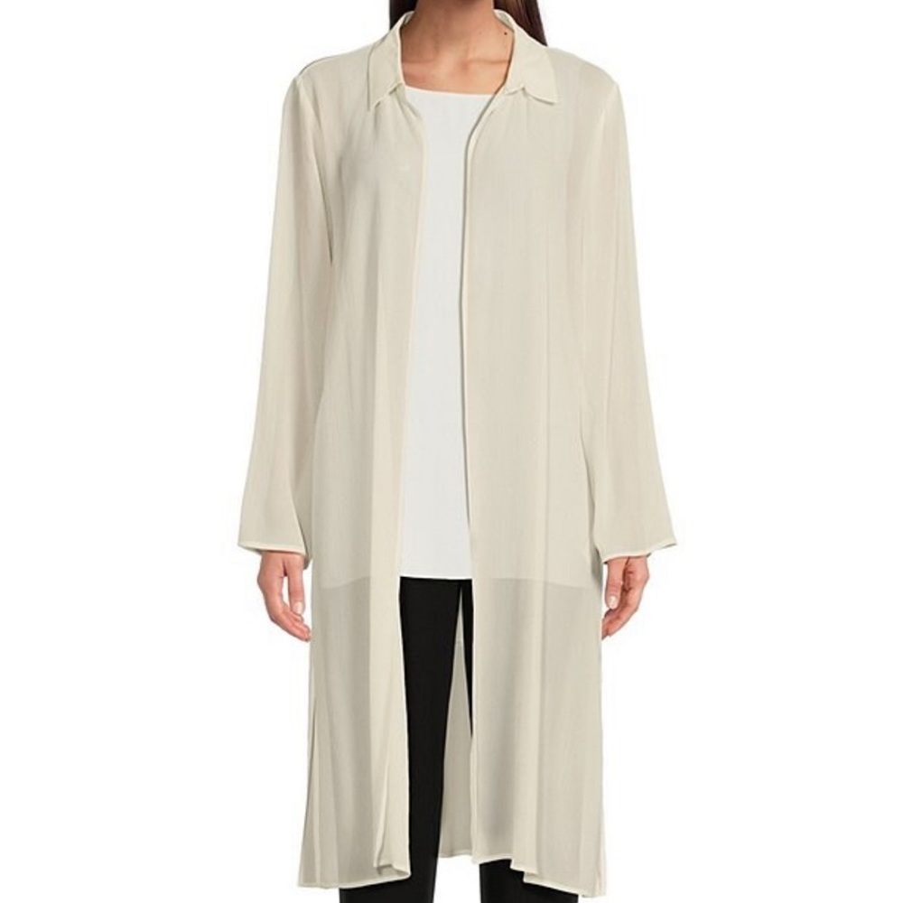 Eileen Fisher Crinkled Sheer Silk Point Collar Long SleeveOpenFront Midi Jacket
